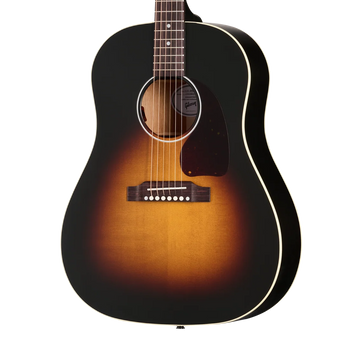 Epiphone acoustic guitar featuring a sunburst finish, white body binding, dark tortoiseshell pickguard, and six steel strings.