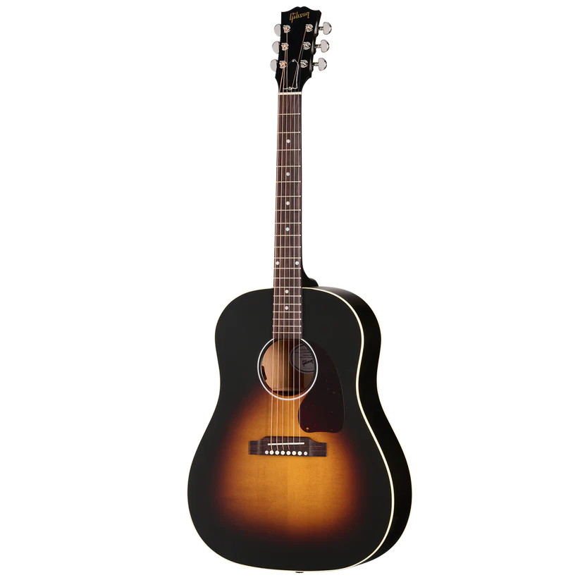 Epiphone acoustic guitar with a sunburst finish, rounded body, six strings, dark pickguard, and white trim around the edges.
