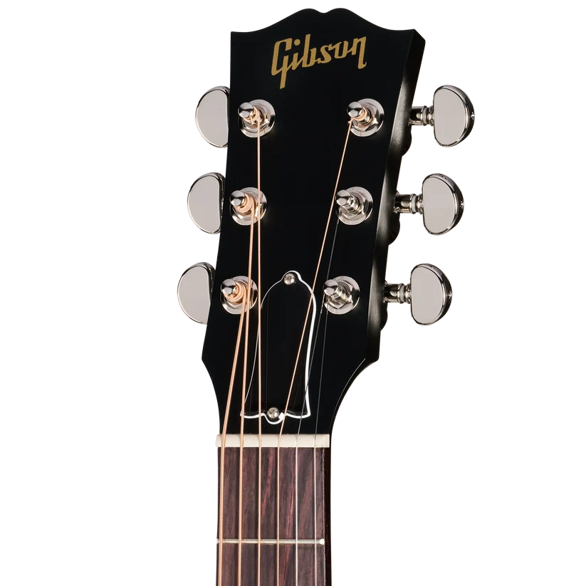 Black guitar headstock with silver tuning pegs, six strings, and "Gibson" logo in gold lettering on top.