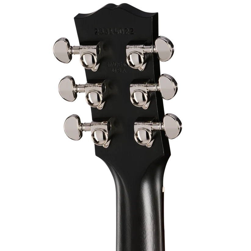 Back of an Epiphone guitar headstock showing six chrome tuning pegs arranged symmetrically, with serial number and "Made in USA" text visible.