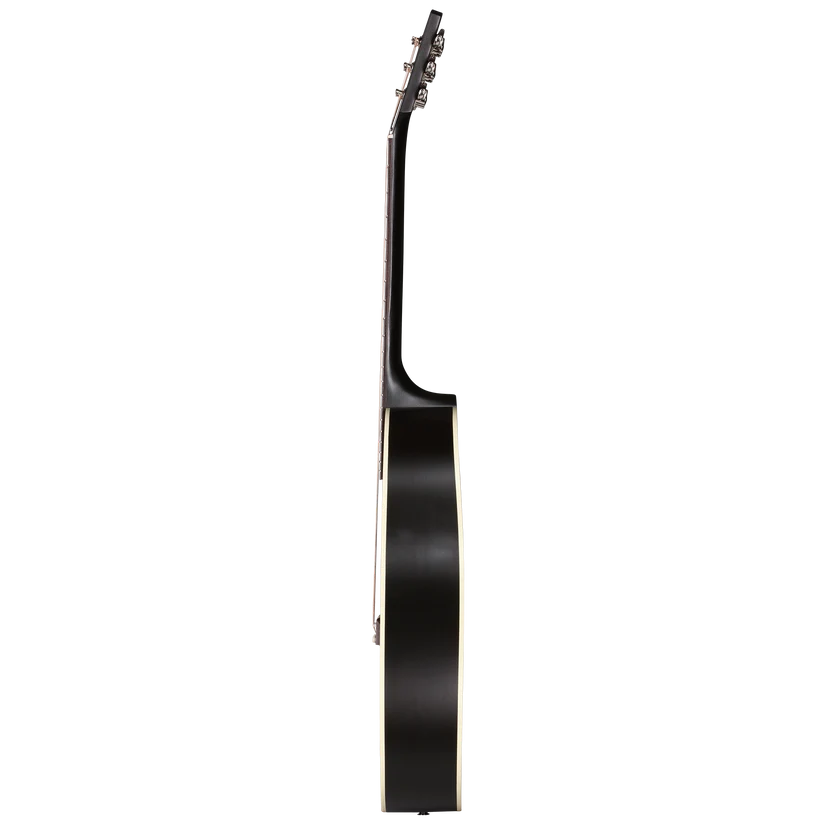 Side view of a black Epiphone acoustic guitar showing its neck and thick body, with cream-colored edge binding visible along the side.