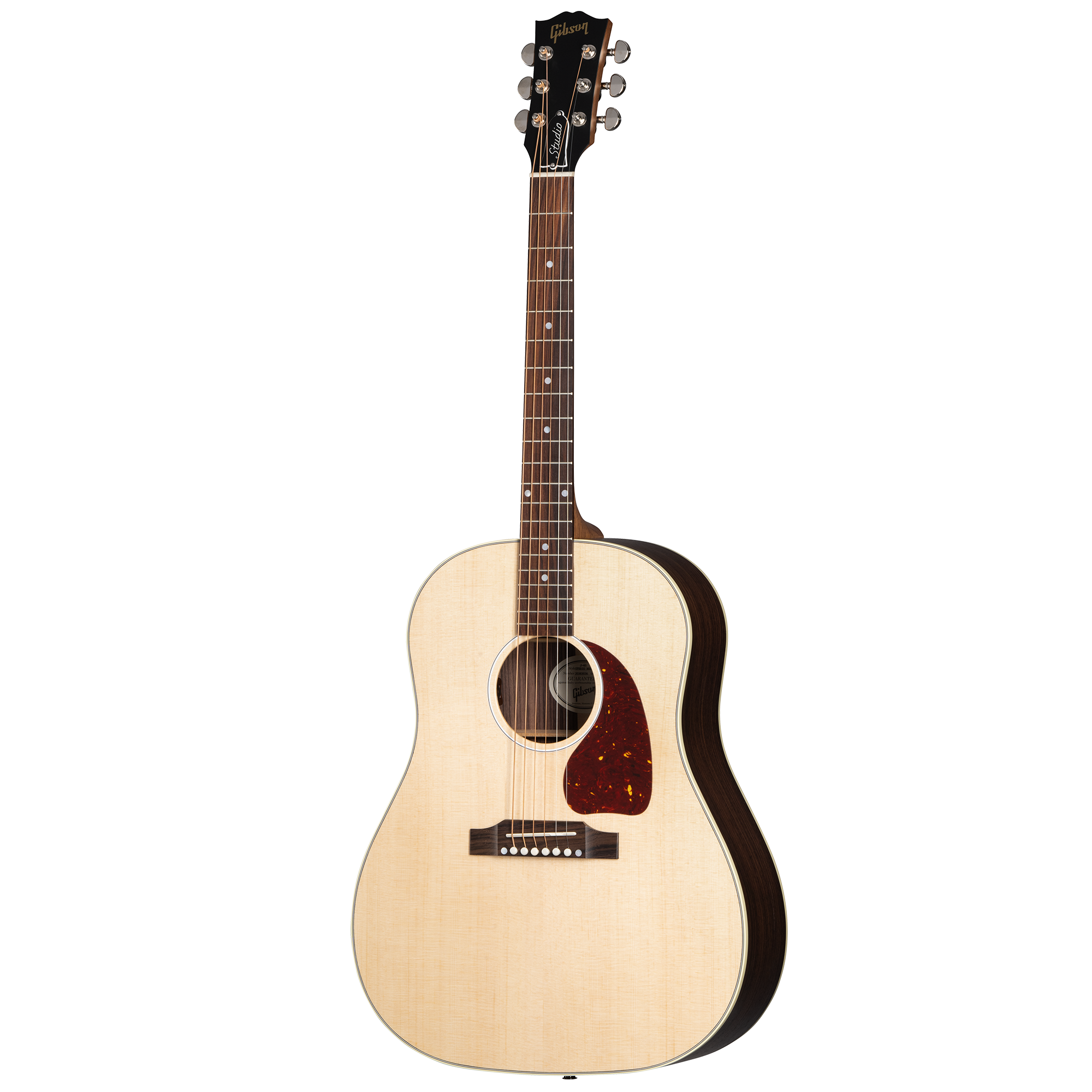 Six-string acoustic guitar with a light wood body, dark sides and neck, tortoiseshell pickguard, and silver tuning pegs.