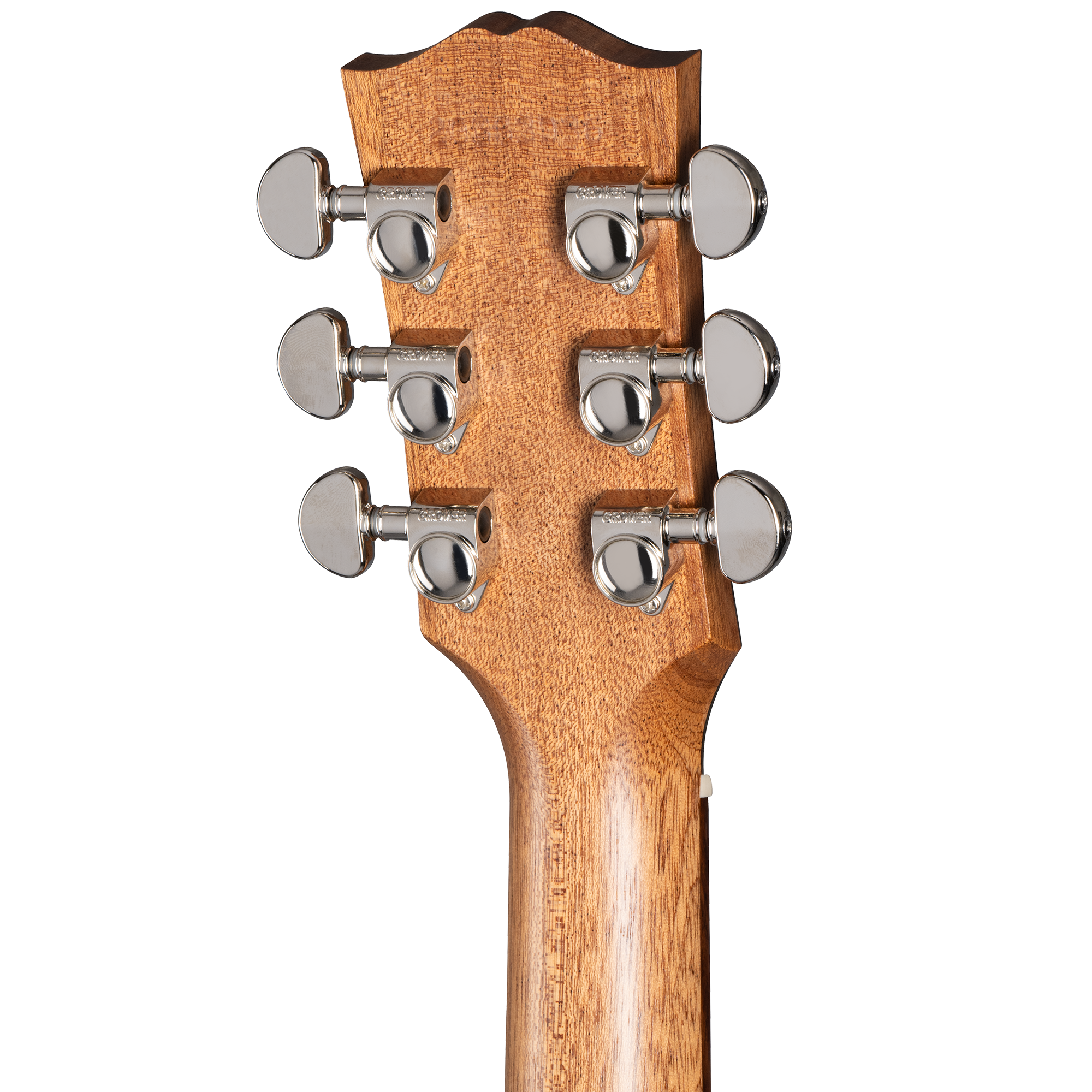 Back of an acoustic guitar headstock showing six chrome tuning pegs, three on each side, attached to a natural wood finish.
