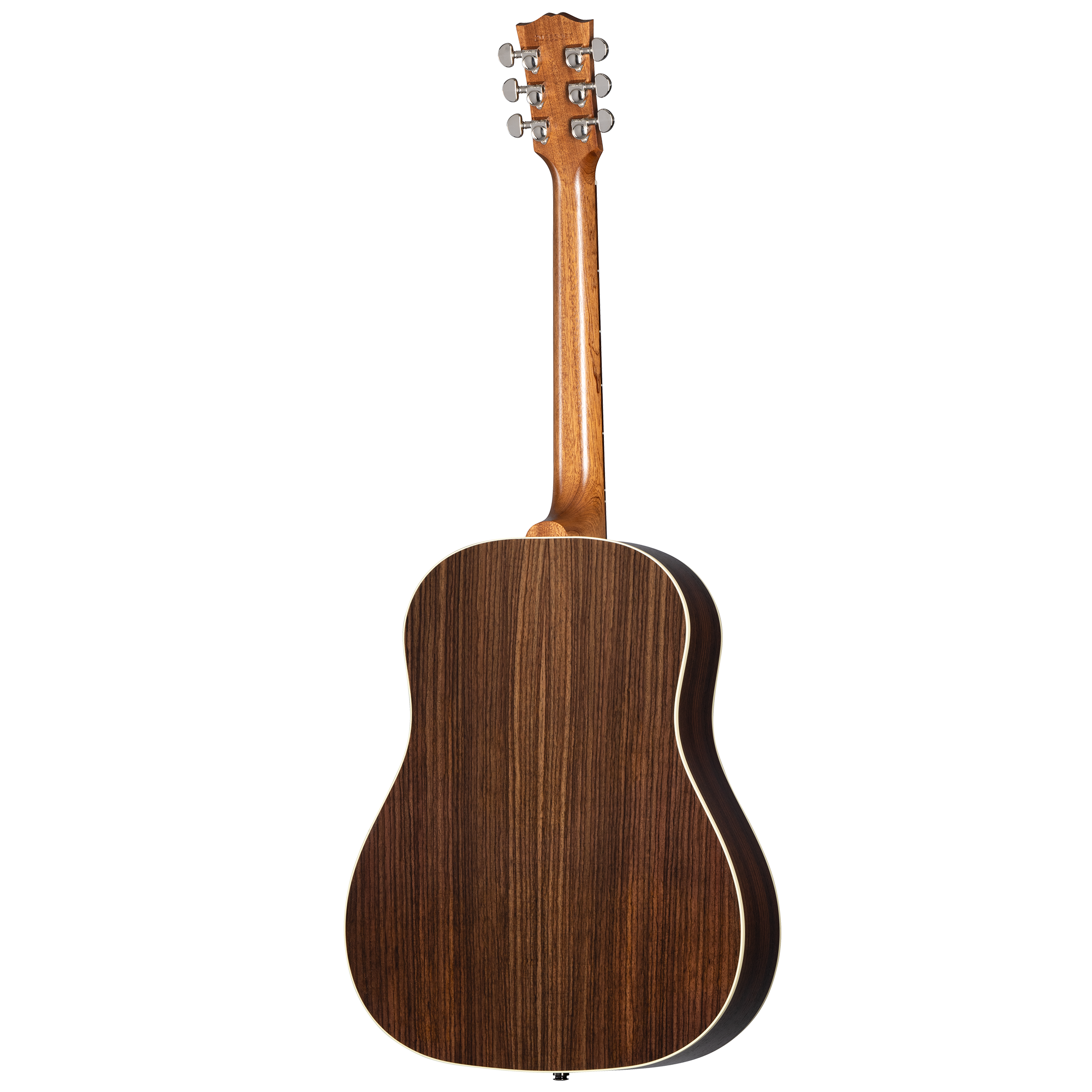 Back view of an electric guitar with a natural wood finish, dark back panel, and six tuning pegs on the headstock.