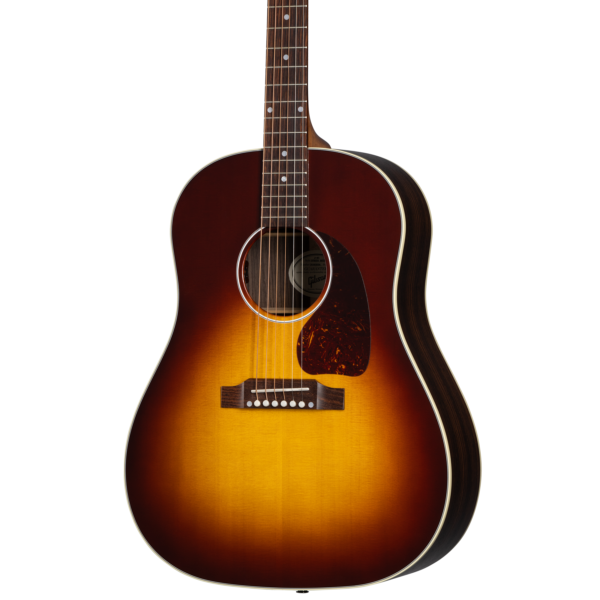Sunburst-finish acoustic-style electric guitar with a rounded body, white binding, dark tortoiseshell pickguard, and six strings.