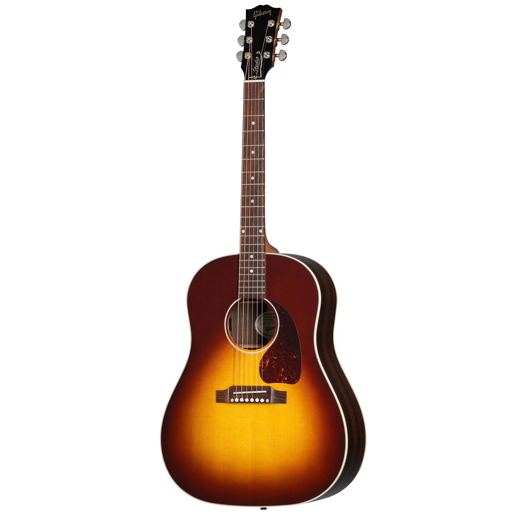 Sunburst-finish acoustic guitar with a rounded body, six strings, dark pickguard, and white-edged sound hole; wood grain visible on body.