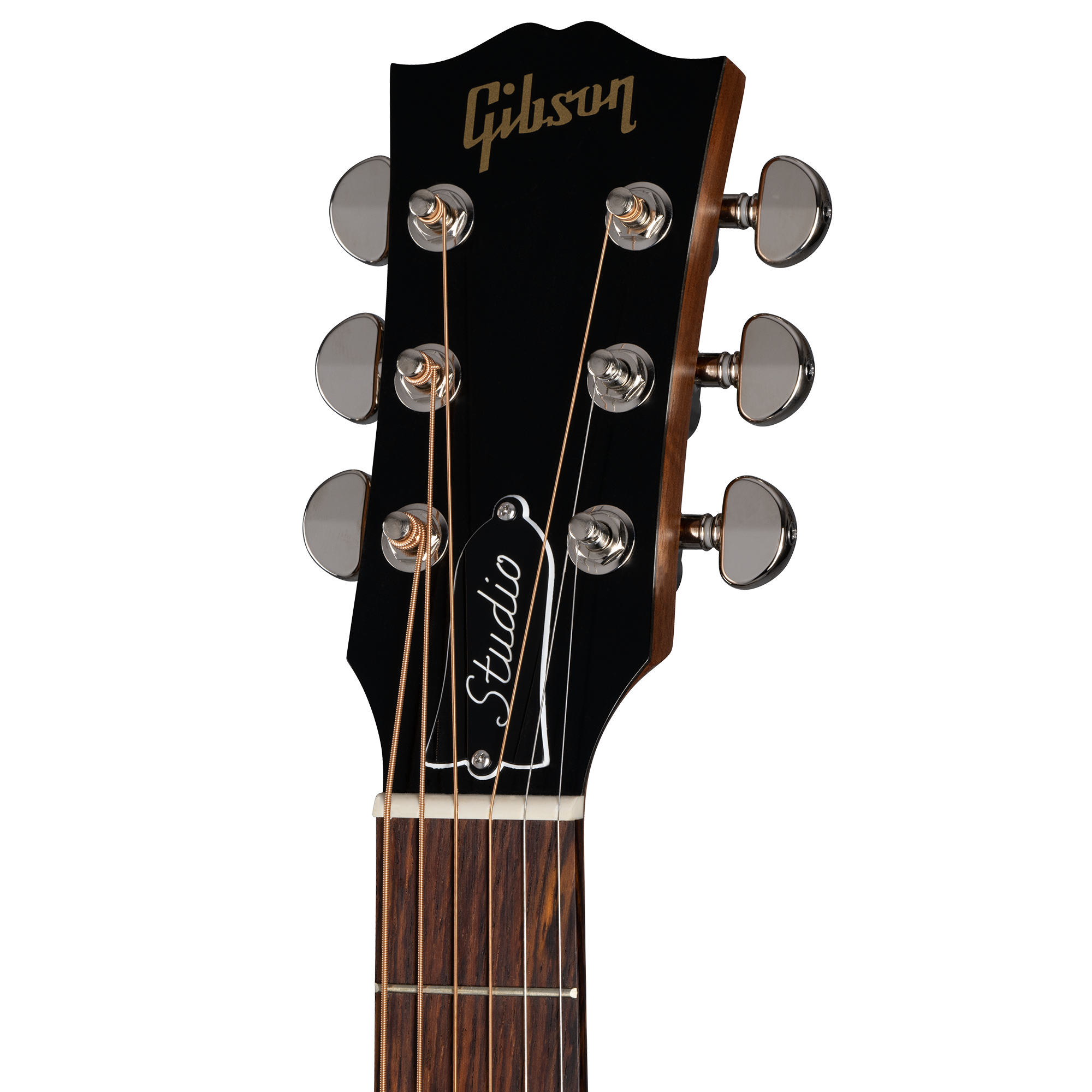 Black Gibson electric guitar headstock with six tuning pegs, gold logo, truss rod cover labeled "Studio," and rosewood fingerboard.