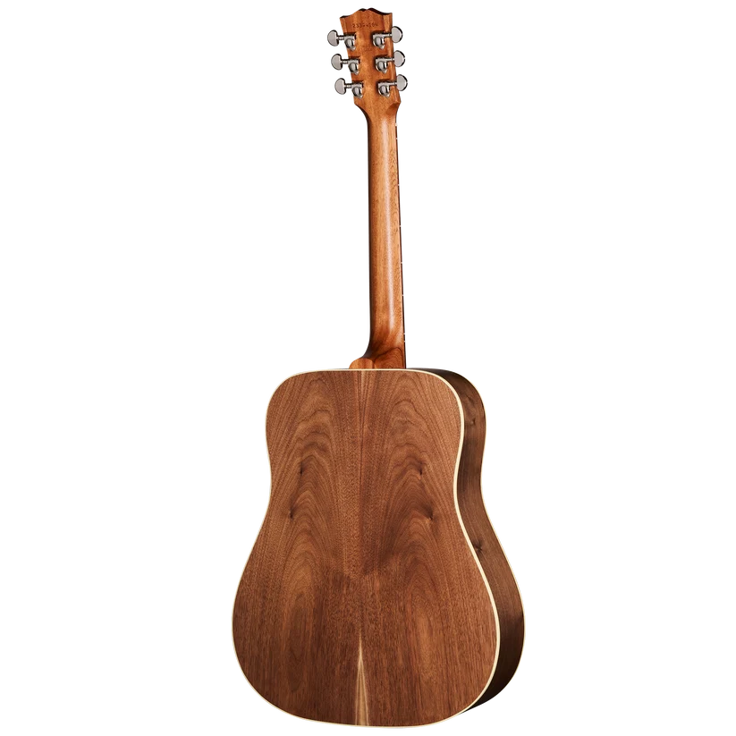 Guitare acoustique Gibson vue de dos, corps en bois brun avec veinures naturelles, manche lisse, six mécaniques argentées alignées.