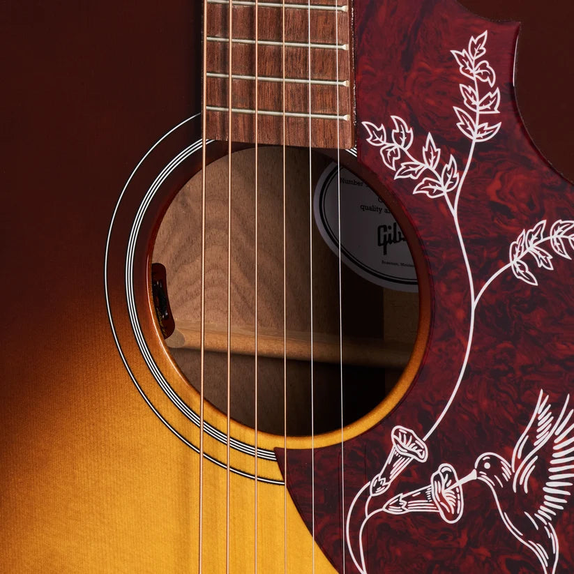 Guitare acoustique Gibson avec pickguard rouge orné d’un motif blanc de colibri et de fleurs, vue rapprochée des cordes et de la rosace.