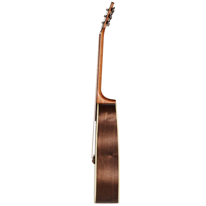 Guitare acoustique Gibson vue de profil, montrant la caisse en bois foncé, le manche et les mécaniques argentées.