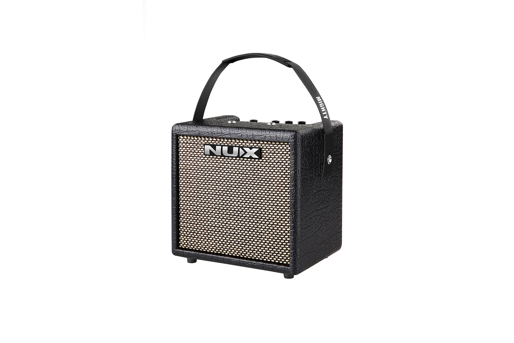 Compact black amplifier with textured casing, woven front grille, NUX logo, top handle labeled "MIGHTY," and control knobs on top.