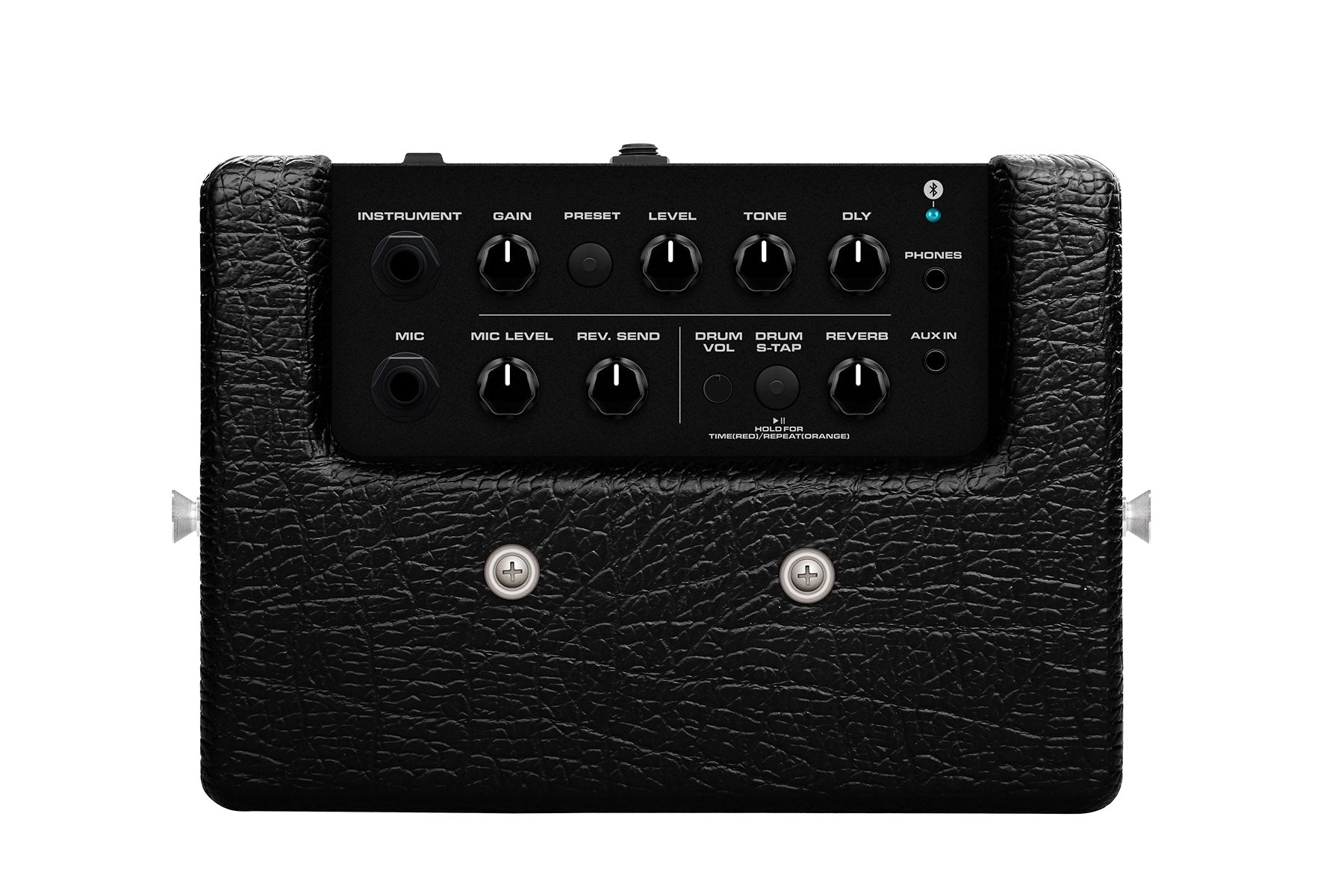 Black amplifier top panel with textured finish, multiple control knobs, input jacks labeled for instrument and mic, and a small Bluetooth indicator light.