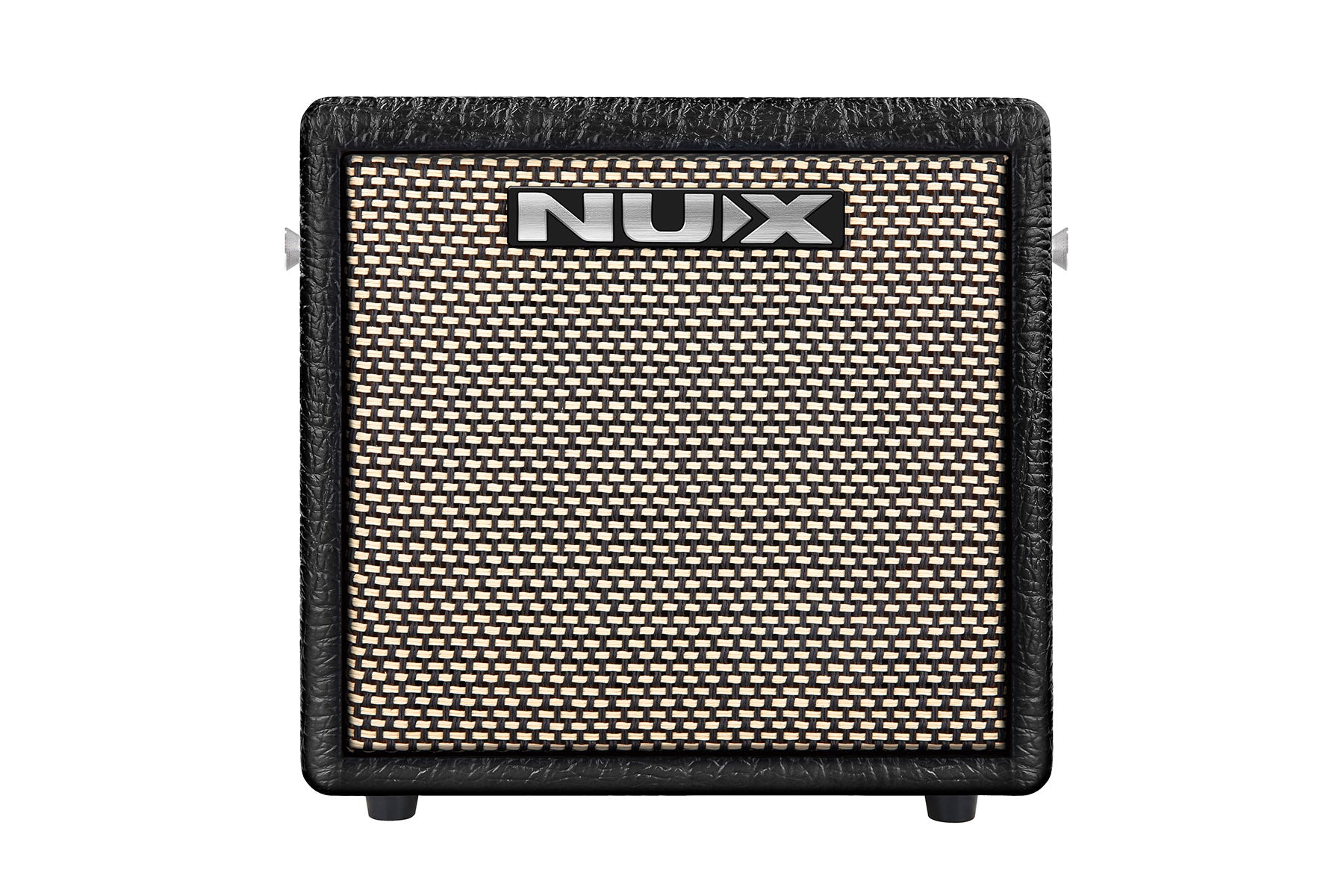 Compact amplifier with black textured casing, beige and black woven front grille, and NUX brand logo centered at the top.