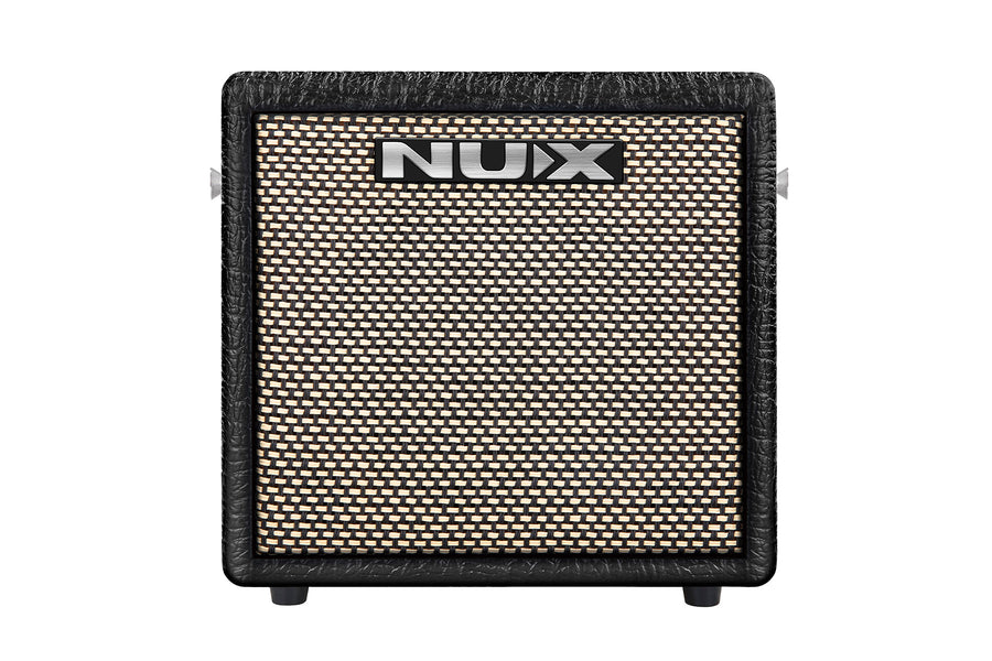 Compact amplifier with black textured casing, beige and black woven front grille, and NUX brand logo centered at the top.