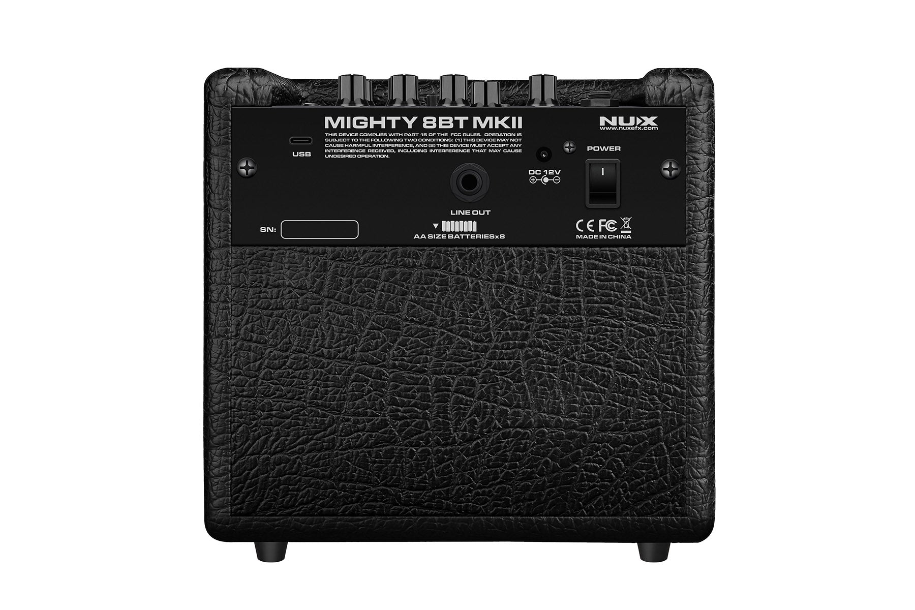 Black NUX Mighty 8BT MKII amplifier rear panel with USB, line out, power switch, battery compartment, and textured leather-like finish.