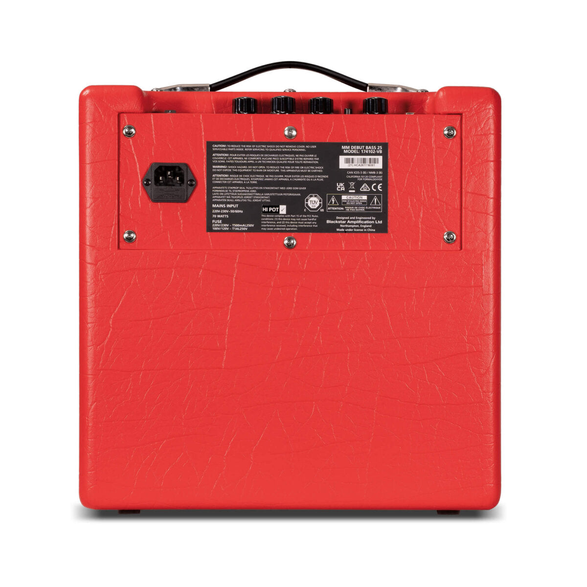 Red amplifier with a textured surface, black handle on top, and a black control panel and power input at the back.