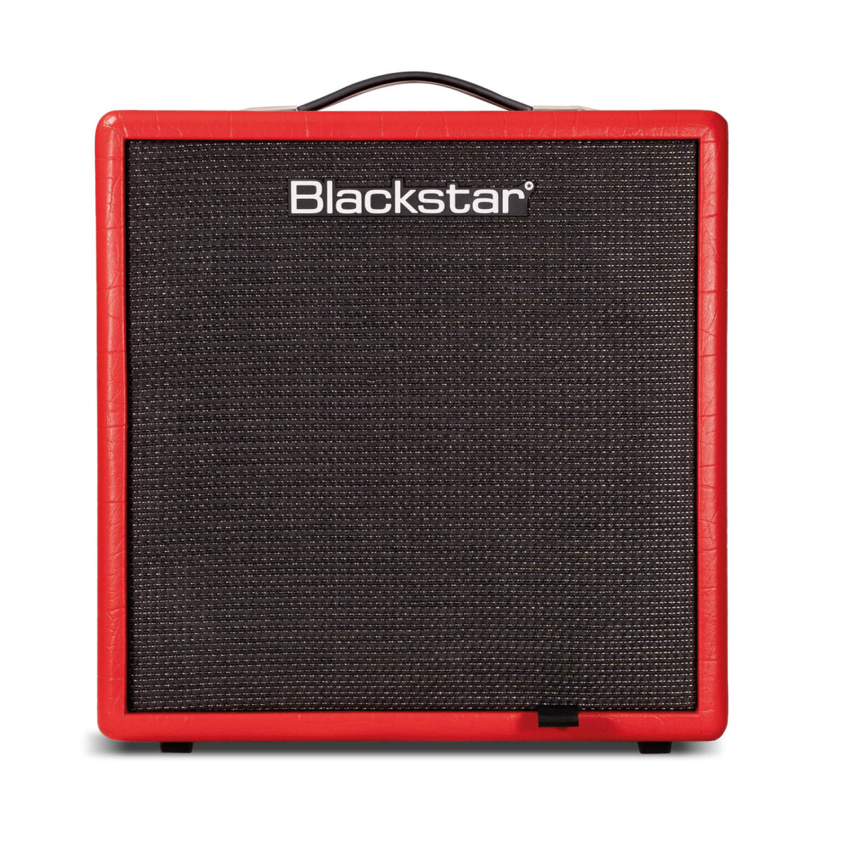 Square Blackstar amplifier with a black speaker grille and bright red textured outer frame, handle on top.