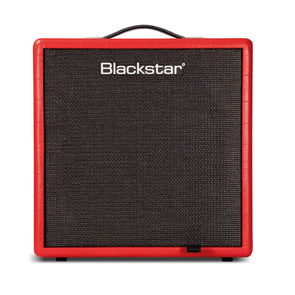 Square Blackstar amplifier with a black speaker grille and bright red textured outer frame, handle on top.