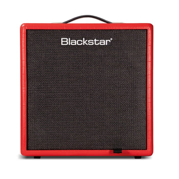 Square Blackstar amplifier with a black speaker grille and bright red textured outer frame, handle on top.