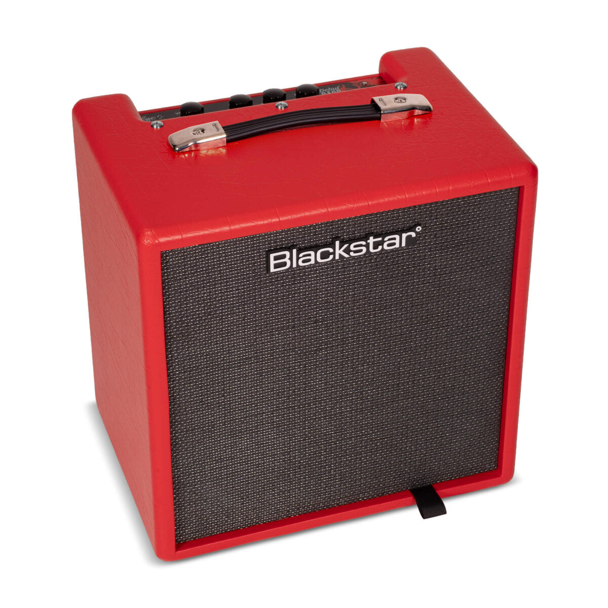 Red Blackstar amplifier with a black speaker grille and a top carrying handle, featuring control knobs on the top panel.