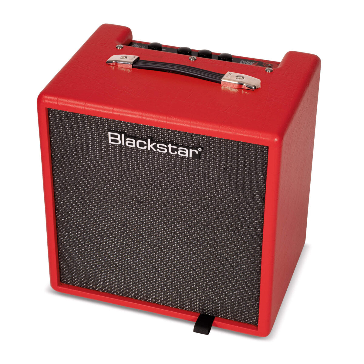 Red Blackstar amplifier with a black speaker grille, control knobs on top, and a carrying handle.
