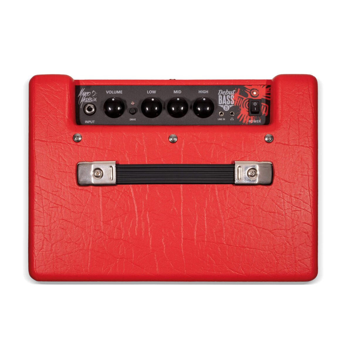 Small red amplifier with a black handle, four control knobs labeled volume, low, mid, high, and a power switch on the control panel.
