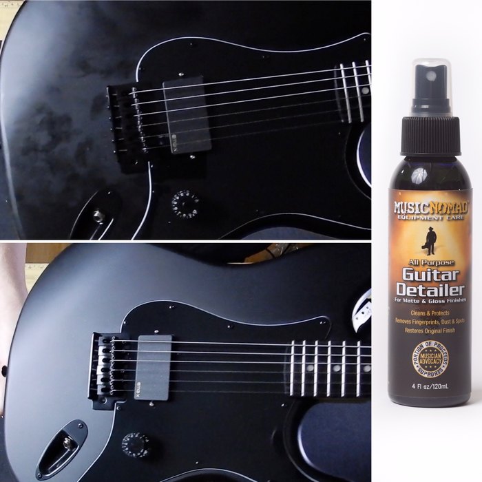 A matte black electric guitar appears smudged in the top image and clean in the bottom; right side shows a bottle of MusicNomad Guitar Detailer spray.