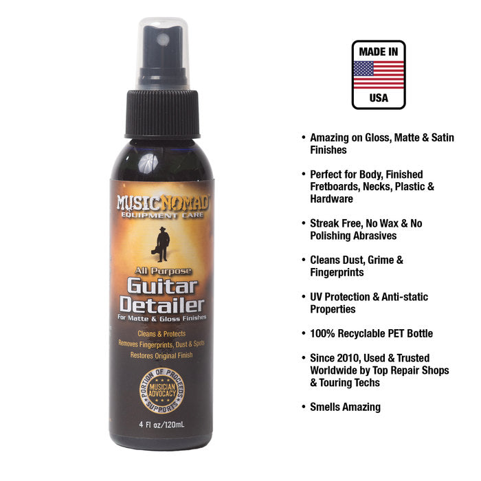 MusicNomad All Purpose Guitar Detailer spray, 4 oz bottle, cleans and protects all finishes, removes dust, fingerprints, UV protection, USA made.
