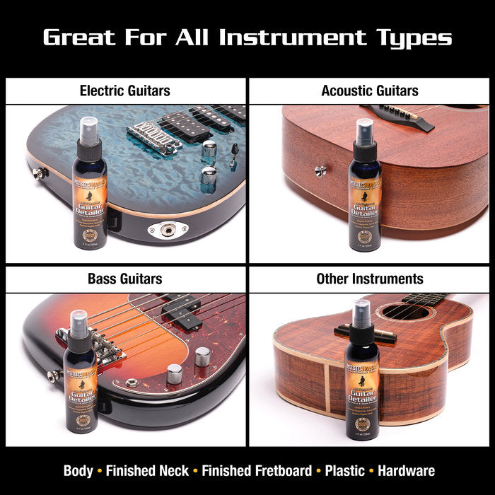 Guitar cleaning spray bottle shown next to electric guitar, acoustic guitar, bass guitar, and another stringed instrument, suitable for all types.