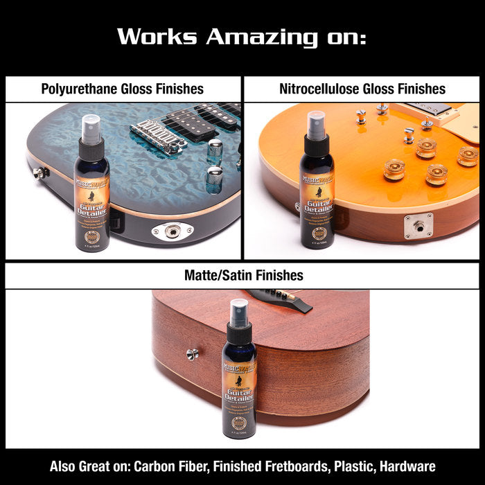 Guitar detailer spray bottle shown on electric and acoustic guitars with various finishes; suitable for gloss, matte, satin, plastic, hardware, and more.