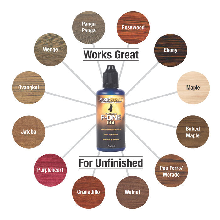 MusicNomad F-ONE Oil bottle shown, labeled as great for unfinished woods like rosewood, ebony, maple, walnut, purpleheart, wenge, and more.