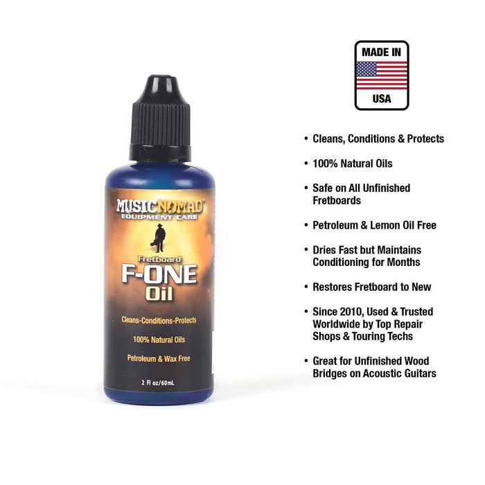 MusicNomad F-ONE Oil, 2oz bottle for fretboard care; cleans, conditions, protects with 100% natural oils; safe for unfinished fretboards, USA made.