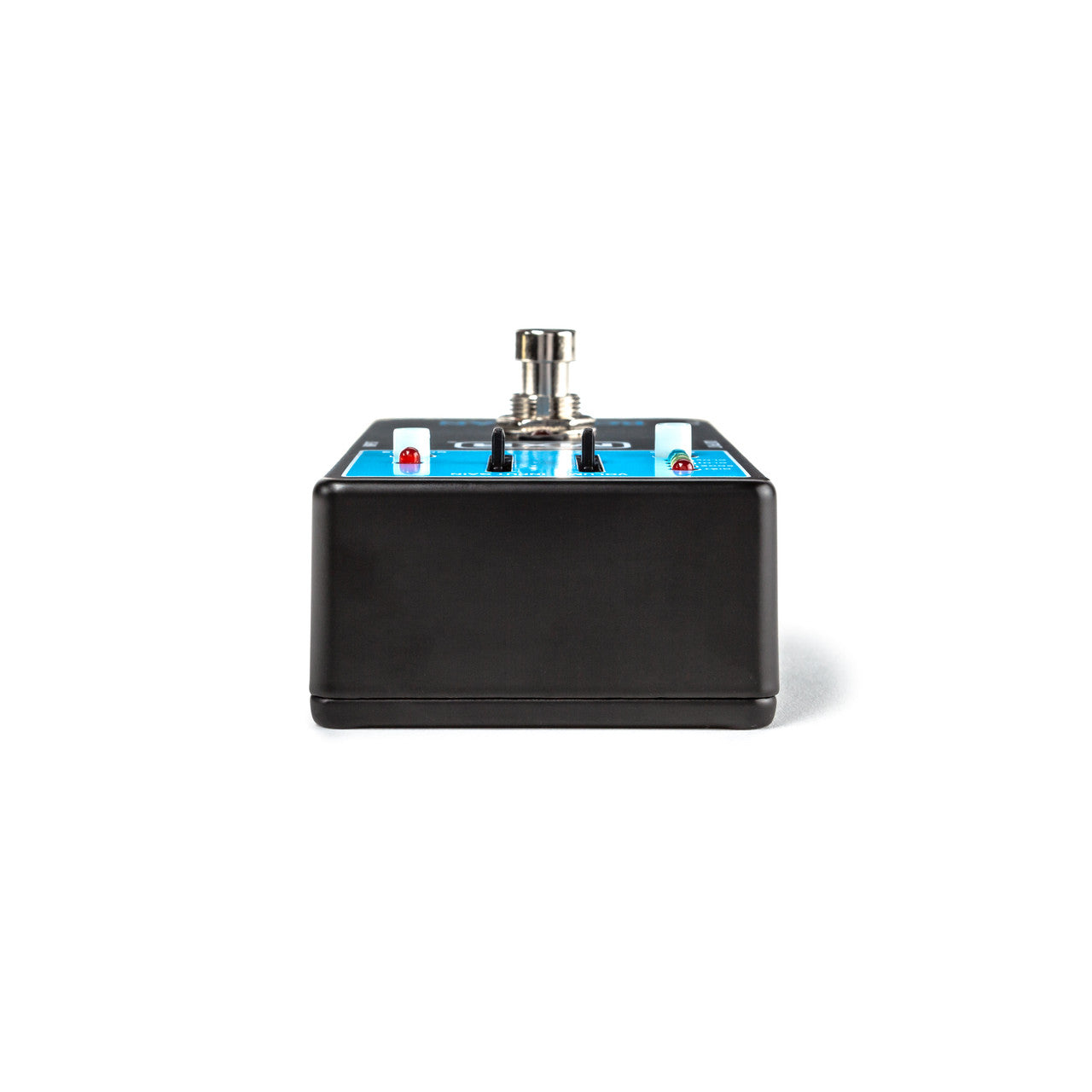 Black FX pedal with a chrome footswitch on top, blue control panel, two white knobs, and two small red indicator lights.