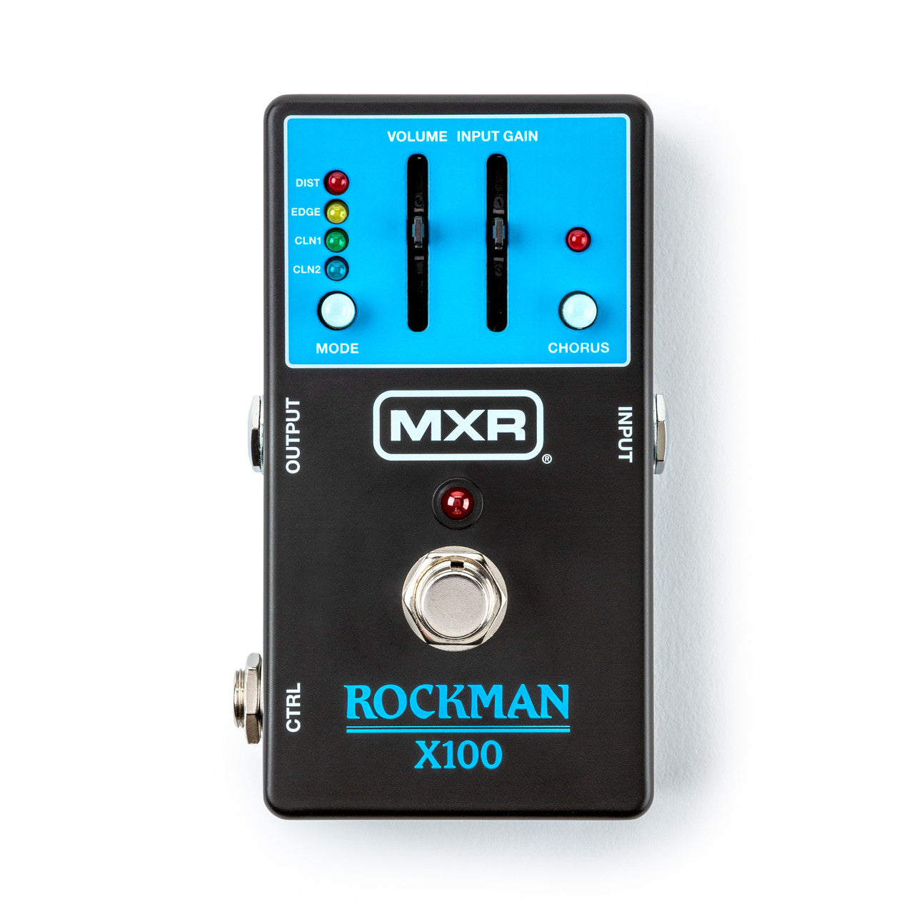 MXR Rockman X100 FX pedal with two sliders, mode and chorus buttons, and labeled LEDs for distortion and clean modes; input, output, and control jacks.