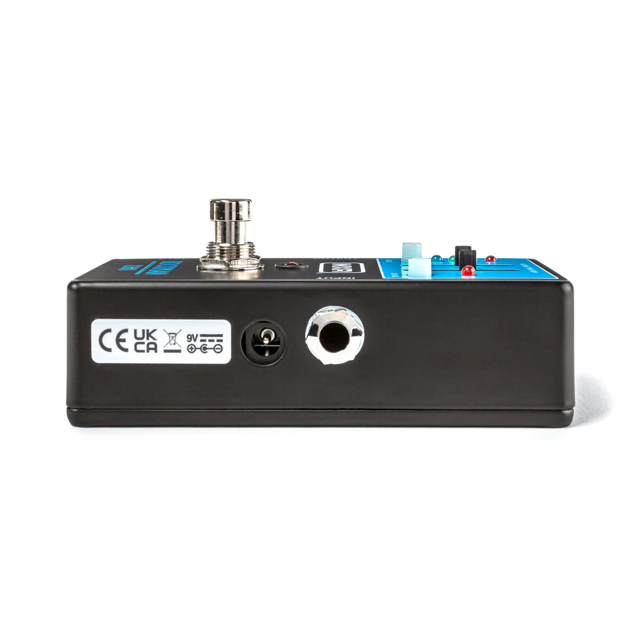 Black FX pedal with a metal footswitch, 9V power input, 1/4-inch jack, and blue control knobs on the top surface.
