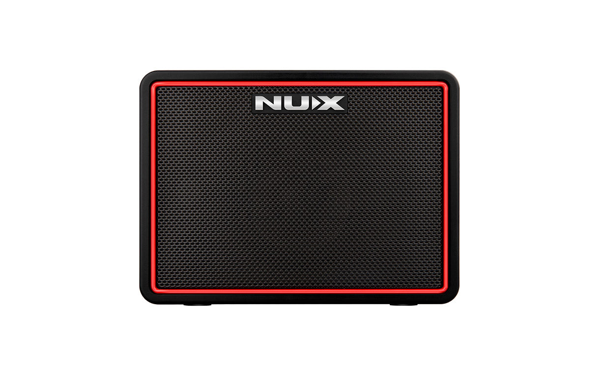 Rectangular black amplifier with a metal mesh front, red trim, and "NUX" logo centered at the top.