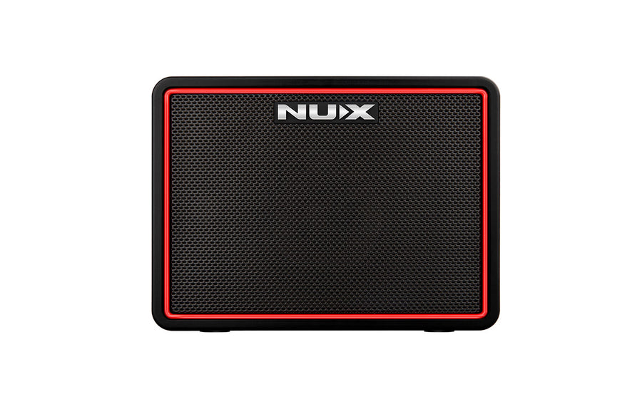 Rectangular black amplifier with a metal mesh front, red trim, and "NUX" logo centered at the top.