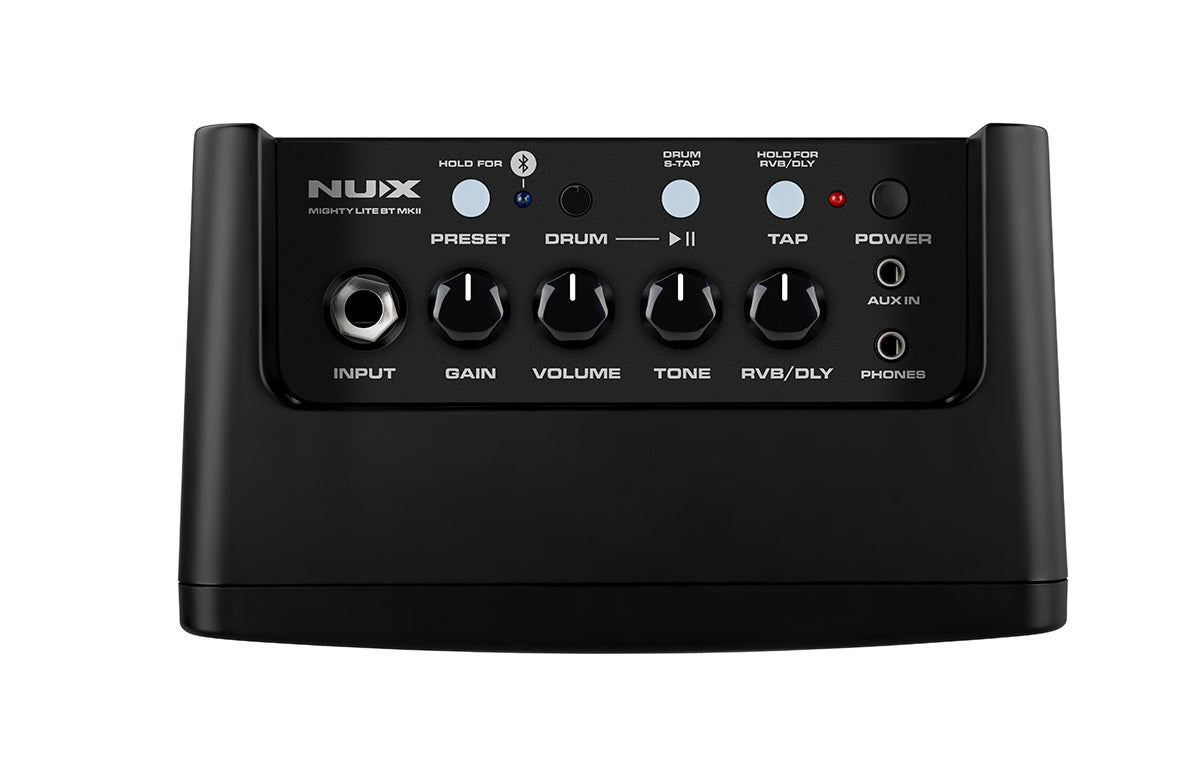 Black NUX amplifier with top panel featuring input, gain, volume, tone, effects knobs, Bluetooth, drum preset, aux in, headphones, and power button.