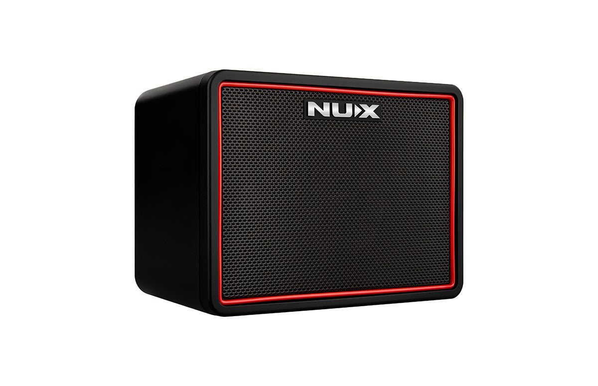 Black NUX amplifier with a metal grille front, red border trim, and the NUX logo centered at the top of the grille.