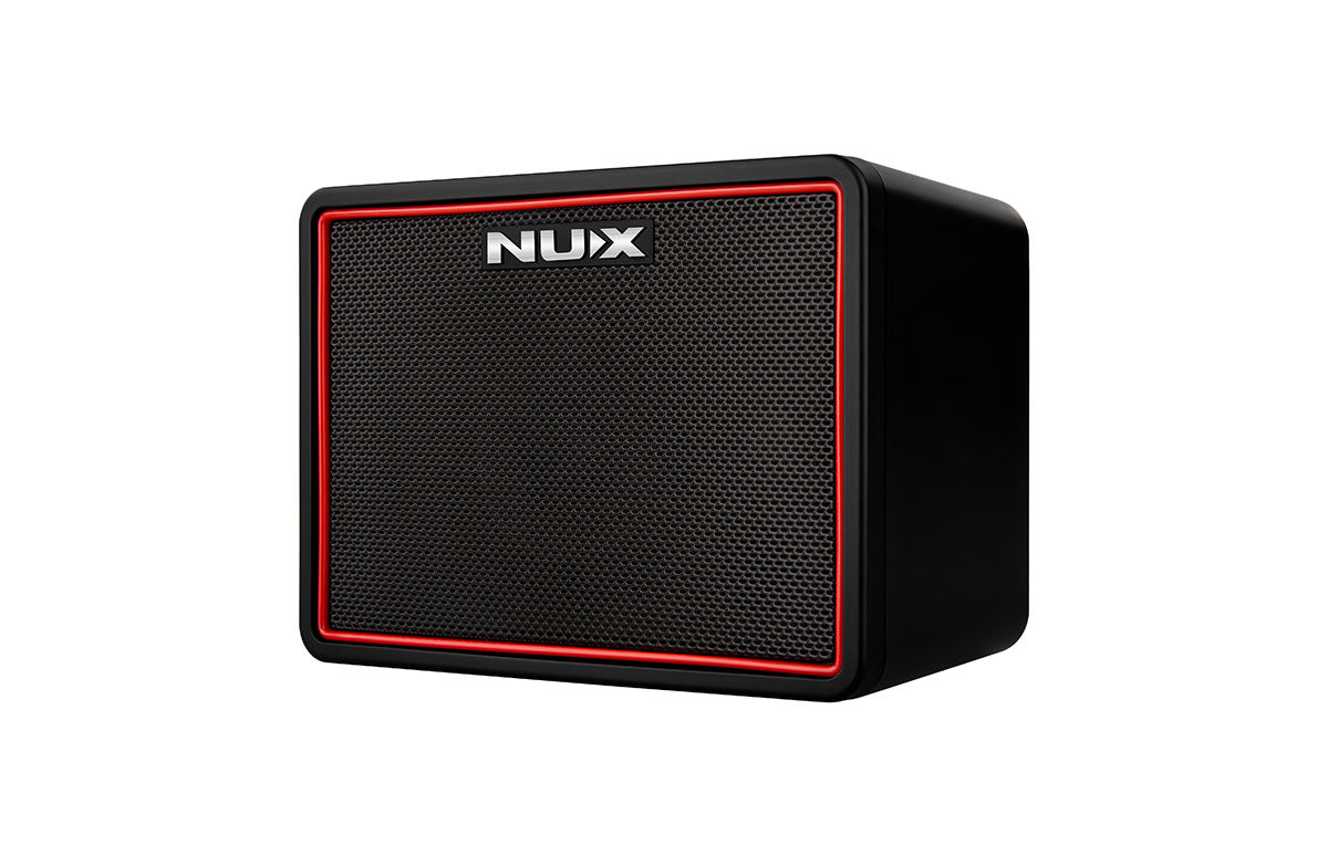 Compact black amplifier with a metal front grille, red trim, and the brand name NUX in silver lettering at the top center.