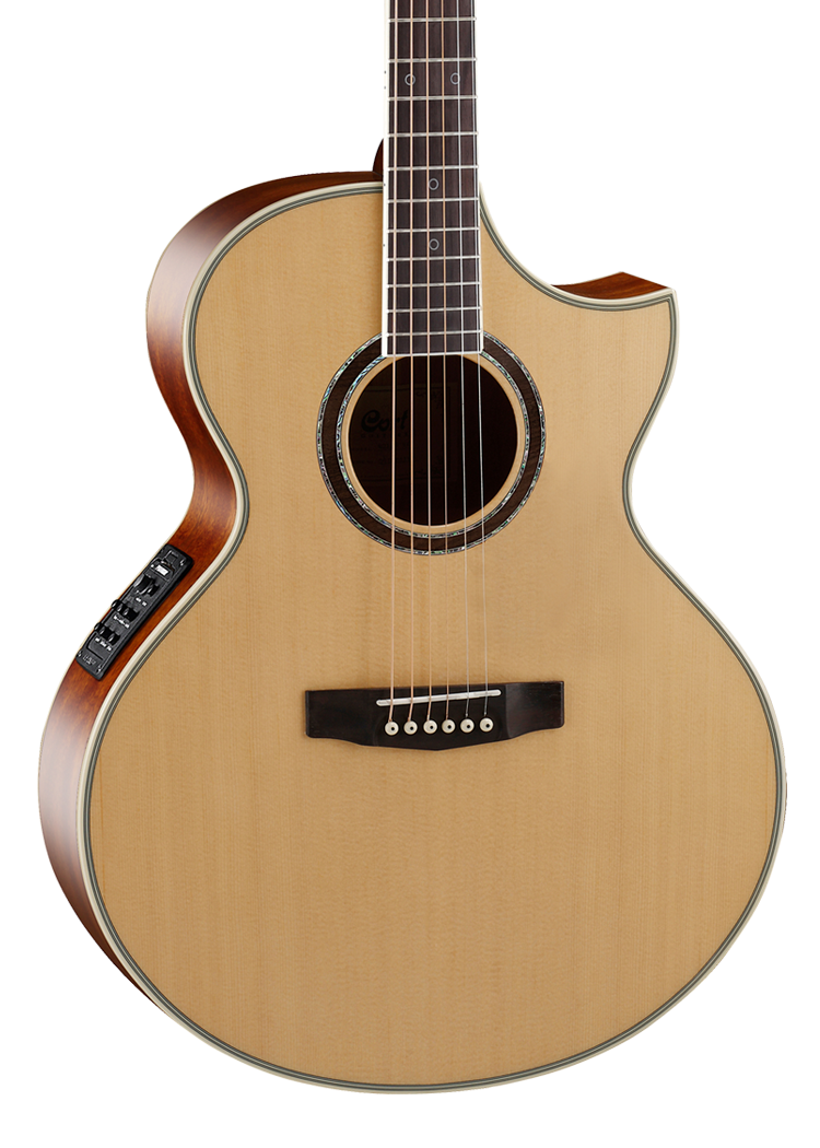Light wood acoustic guitar with a cutaway body, dark sides, electronic control panel, six strings, rosette around the soundhole, and black bridge.