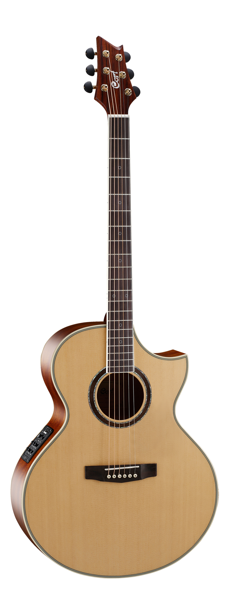 Six-string acoustic guitar with a natural wood finish, cutaway body, dark fretboard, and electronic controls on the side for amplification.