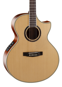 Light wood acoustic guitar with a cutaway body, dark sides, electronic control panel, six strings, rosette around the soundhole, and black bridge.