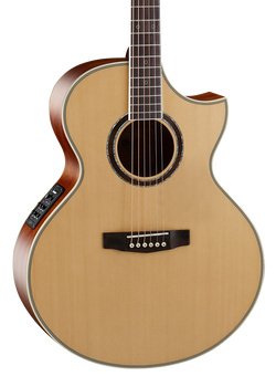 Light wood acoustic guitar with a cutaway body, dark sides, electronic control panel, six strings, rosette around the soundhole, and black bridge.