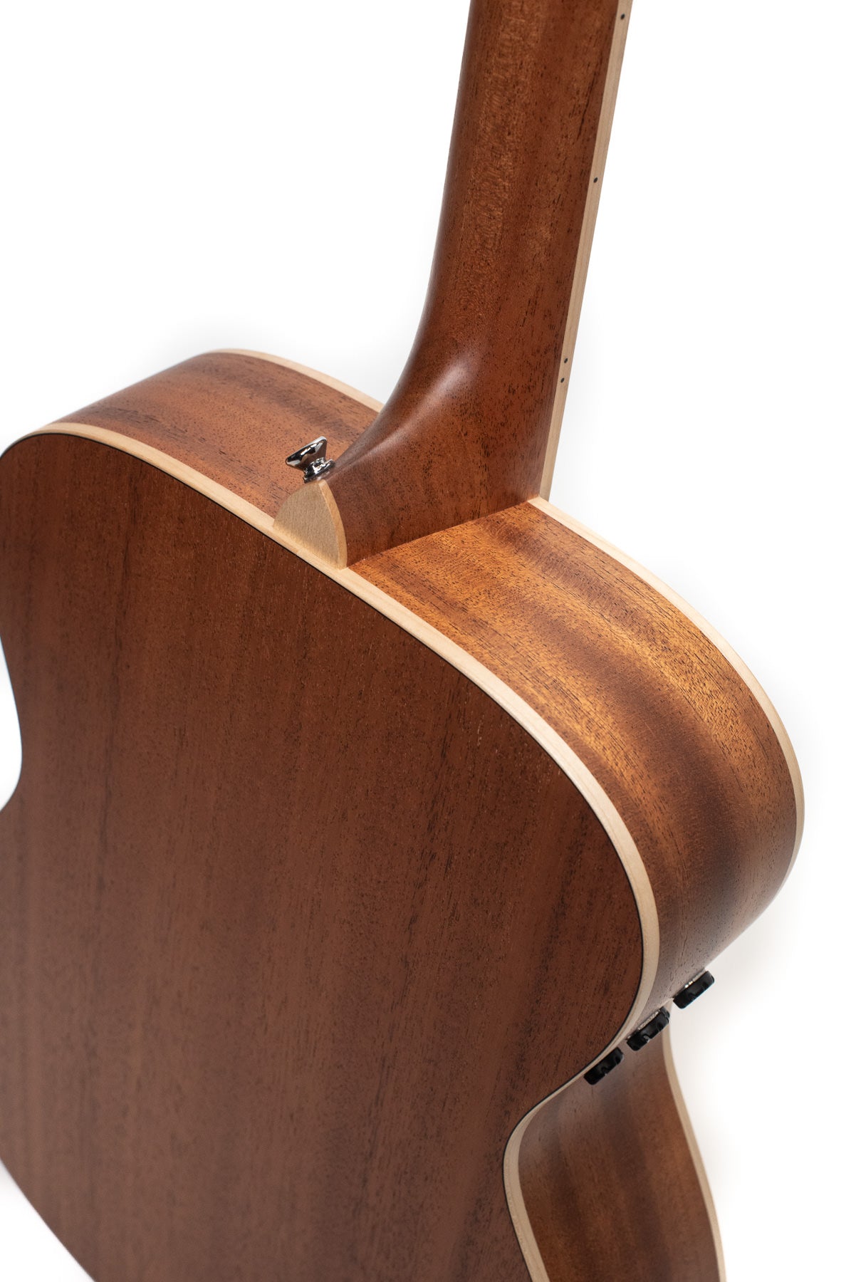 Smooth wooden acoustic guitar back and neck joint, showing light-colored edge binding and a metal strap button near the neck heel.