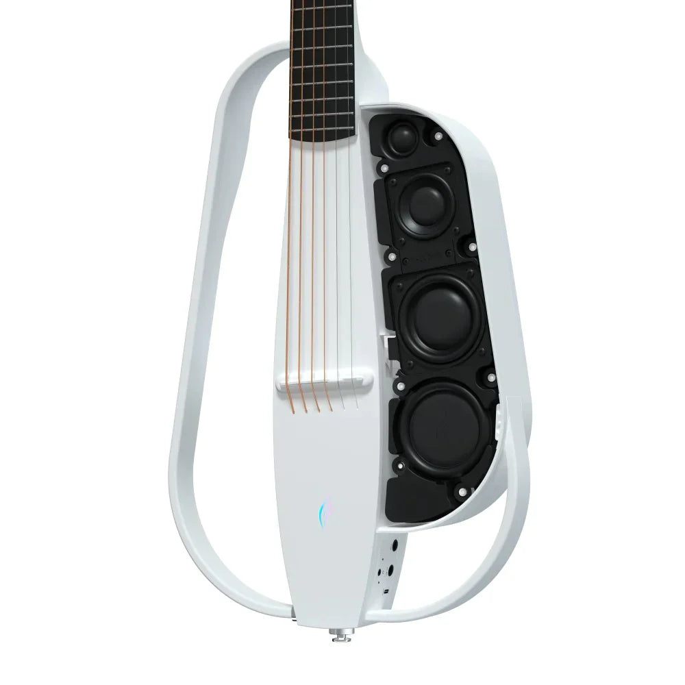 Modern white electric guitar with an exposed body section showing multiple built-in speaker units and minimalistic frame design.