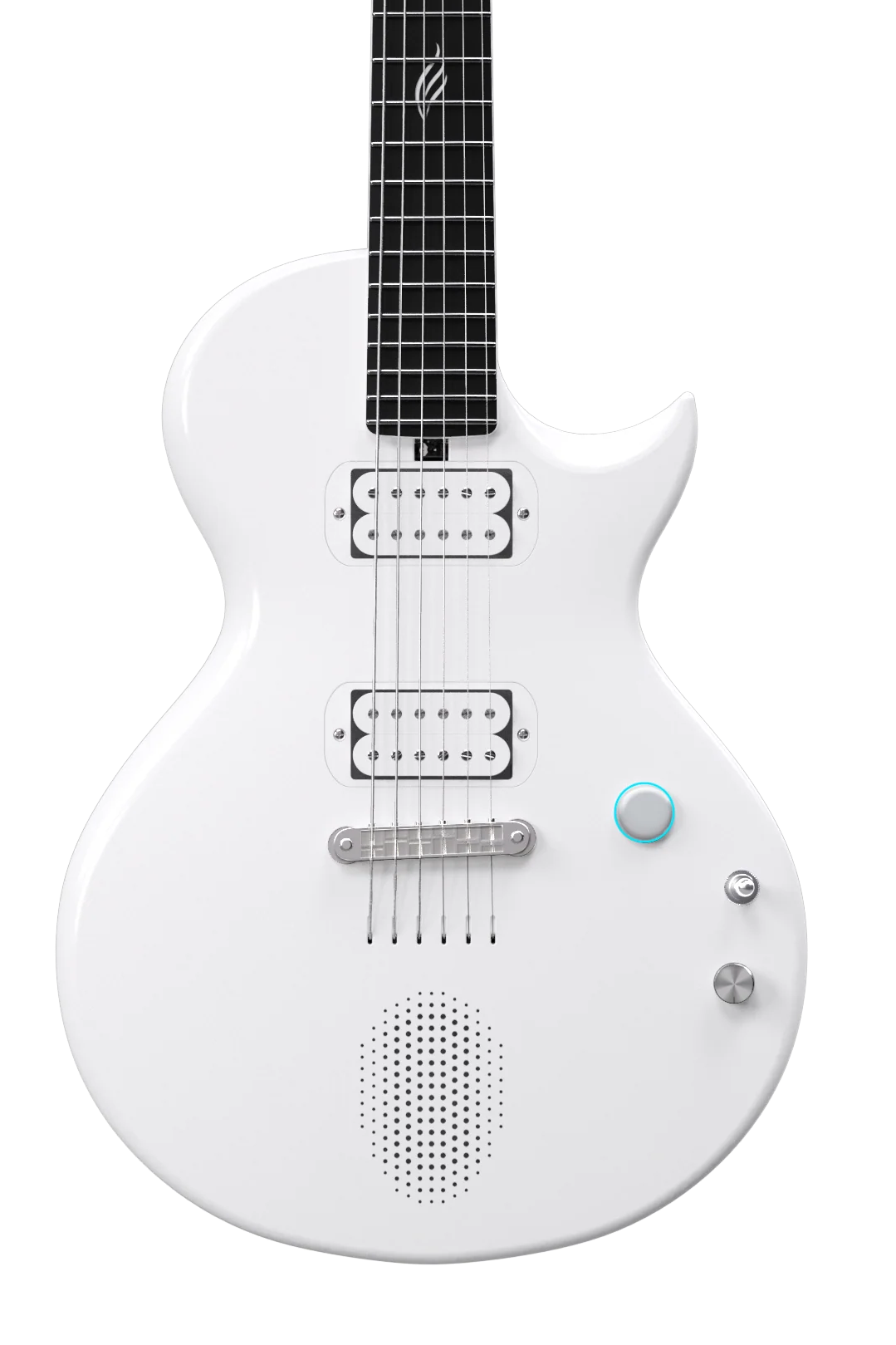 Sleek white electric guitar with two humbucker pickups, round speaker grill on the body, three knobs, and a glowing blue ring around one knob.