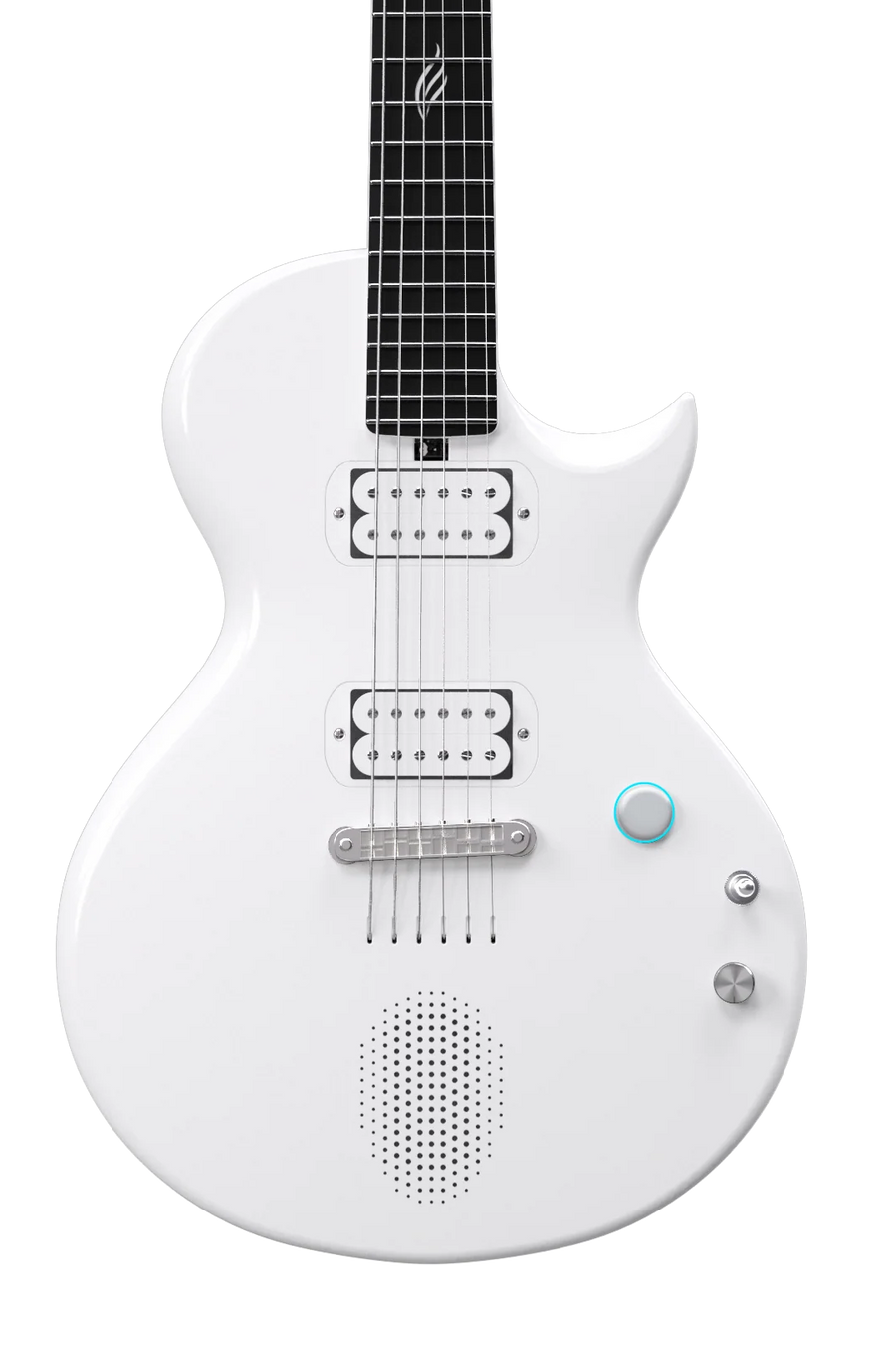 Sleek white electric guitar with two humbucker pickups, round speaker grill on the body, three knobs, and a glowing blue ring around one knob.