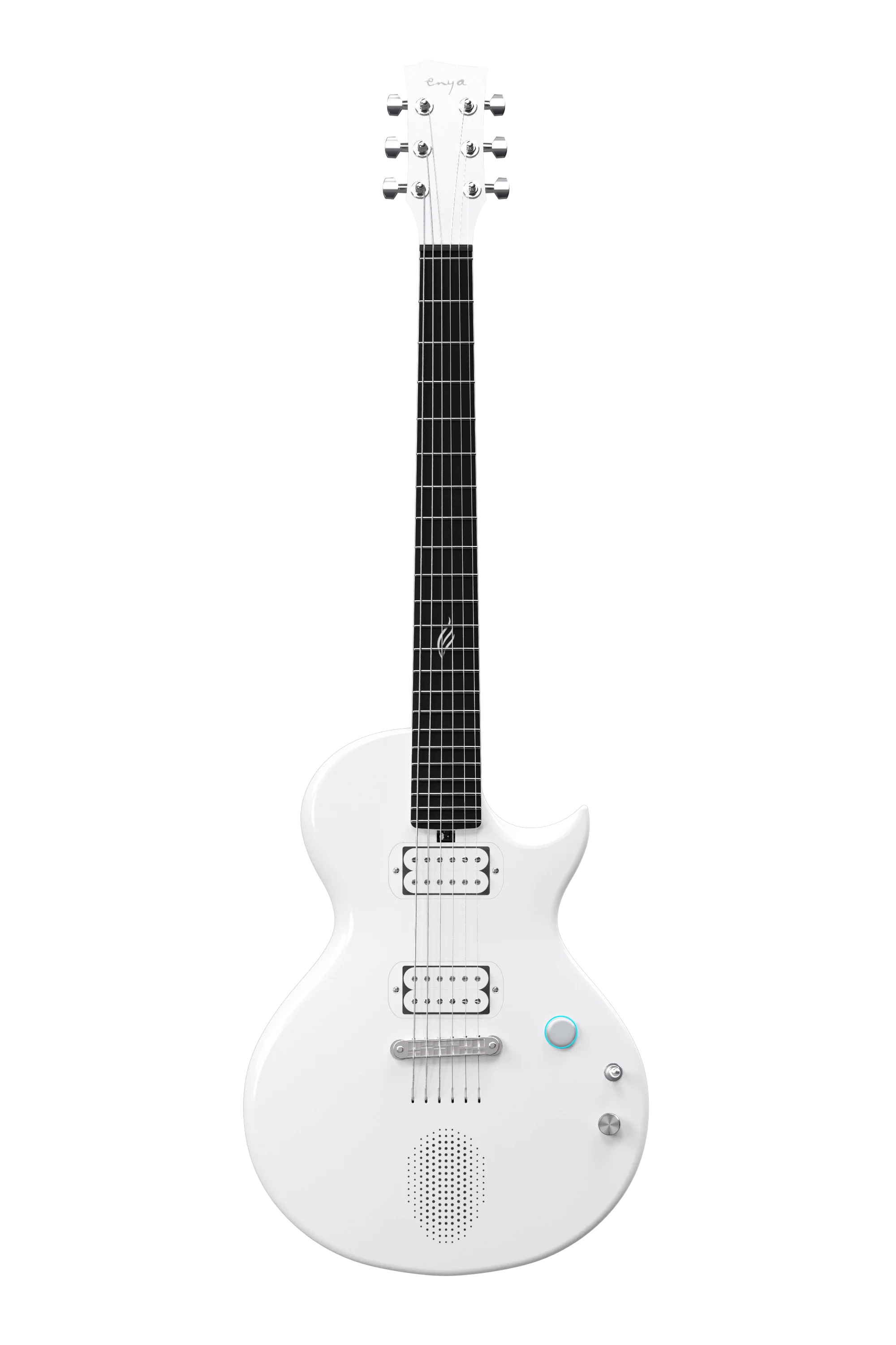 White electric guitar with two humbucker pickups, round speaker grille, six tuning pegs, a volume knob, and a single cutaway body shape.