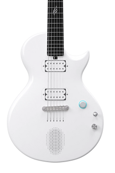 Sleek white electric guitar with two humbucker pickups, round speaker grill on the body, three knobs, and a glowing blue ring around one knob.